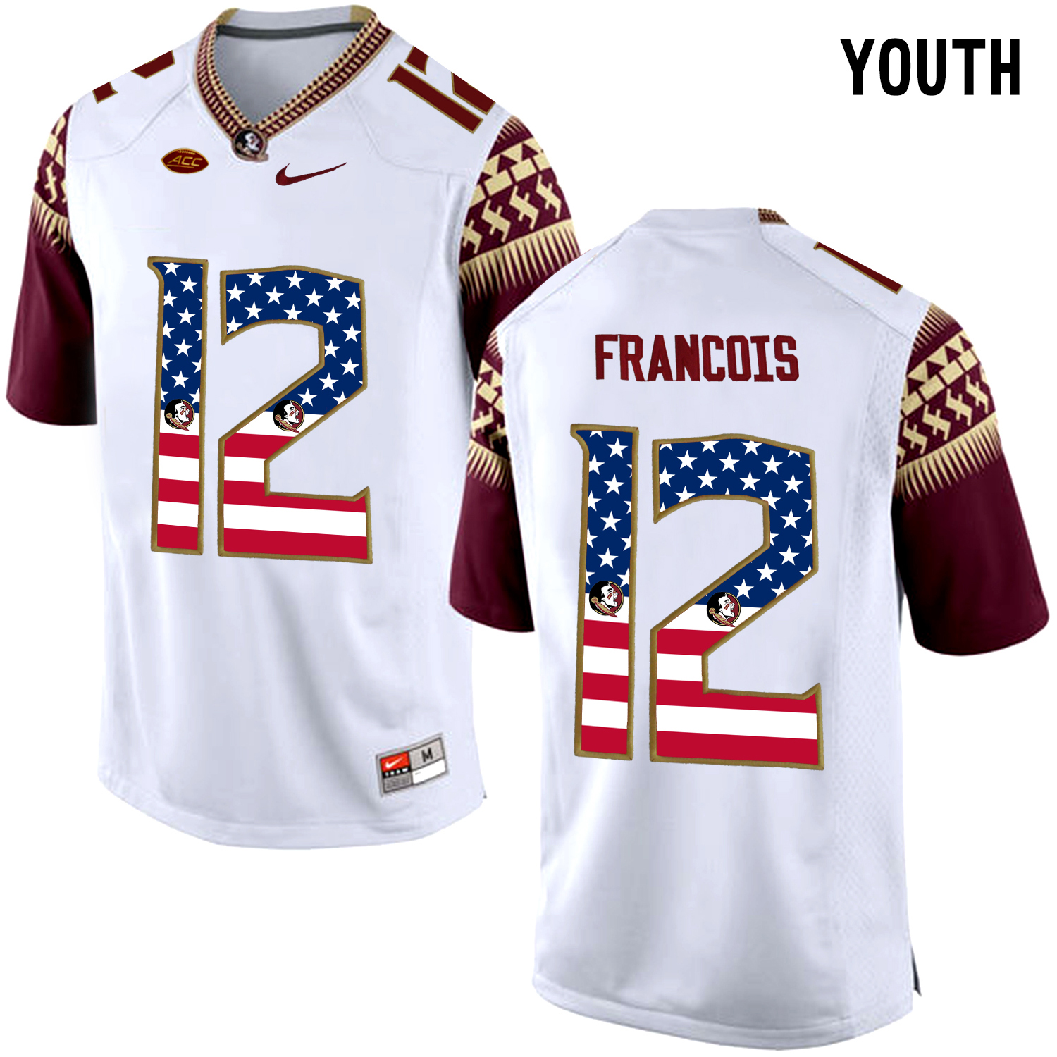 US Flag Fashion Youth Florida State Seminoles Deondre Francois #12 College Football Jersey  White->youth ncaa jersey->Youth Jersey